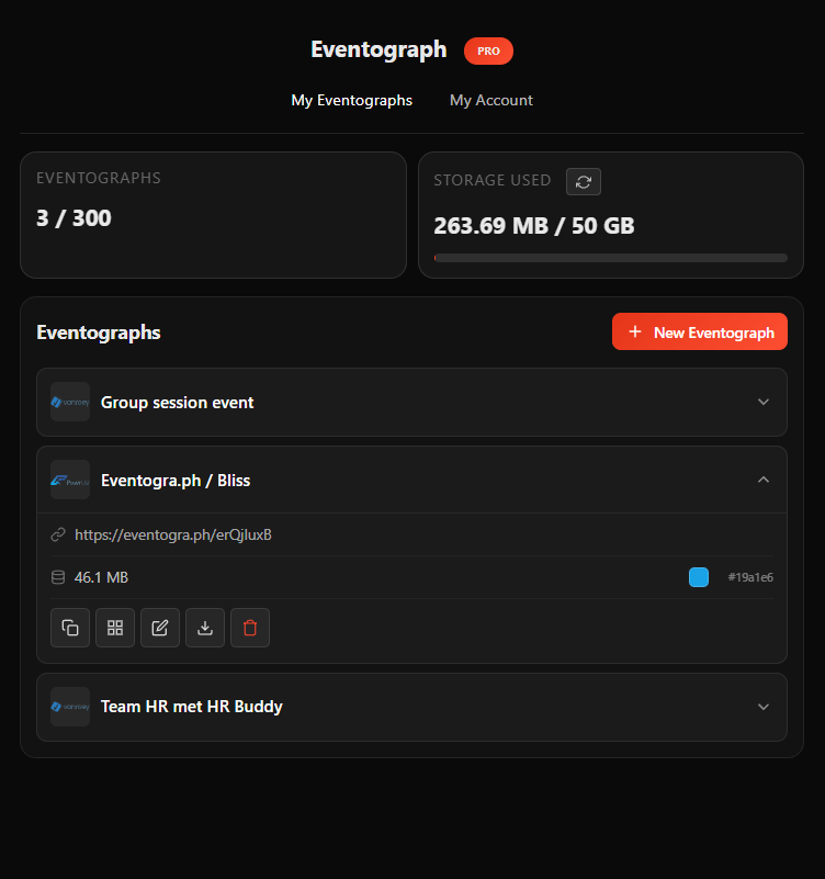 You can manage your Eventographs one by one, copy the links, the QR, download all content or just delete at once... 