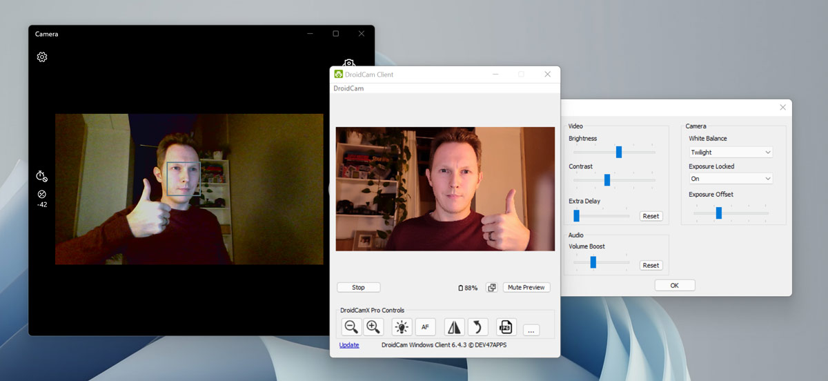 Droidcam, comparing the built-in HP HD Webcam versus the Xiomi Mi 11 in poor light conditions