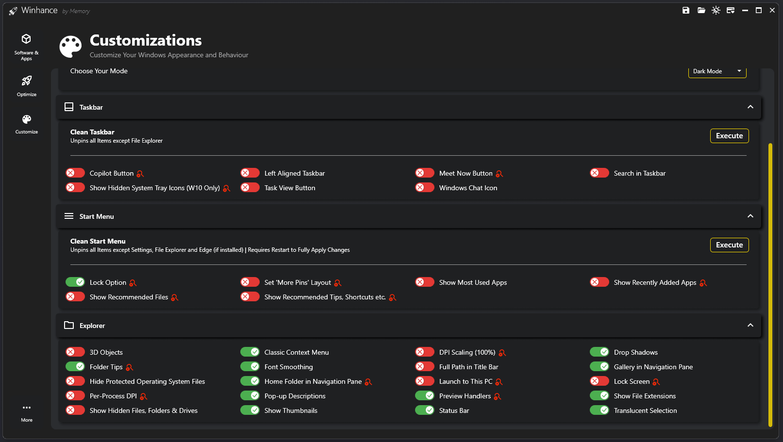 Winhance Custl-omization options
