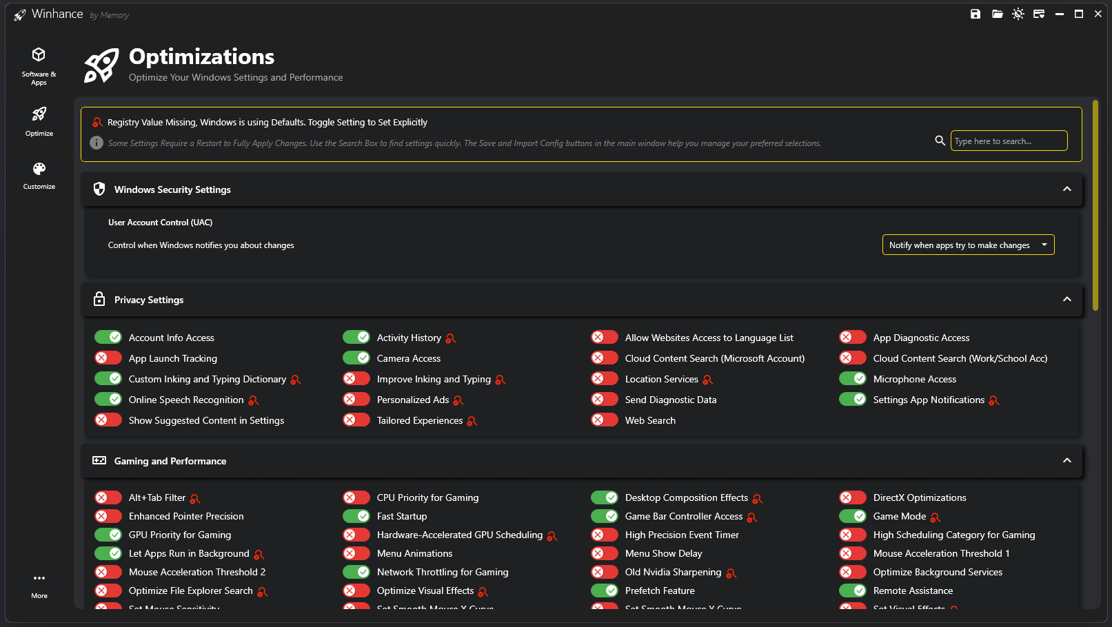 Winhance Optimization Options